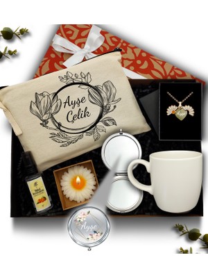 As Gift Kişiye Özel Kanvas Makyaj Çantası & Kupa & Krom Ayna &kolonya &  Kolye & Mum Hediye Seti