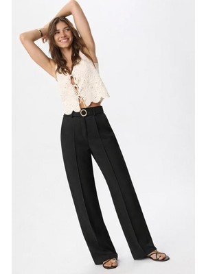 Hakke Yüksek Bel Kemer Detaylı Kumaş Pantolon