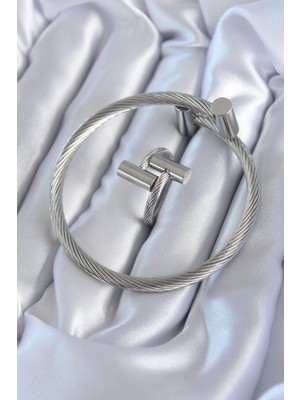 Inure Jewelry 316L Çelik Gümüş Renk Sarmal Model Erkek Bileklik Yüzük Kombini