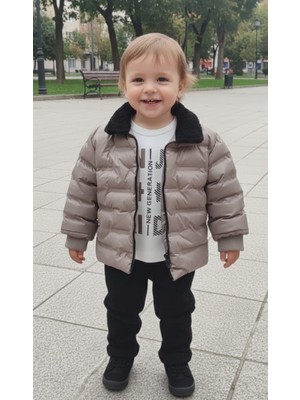 Erkek Çocuk 3’lü Kombin Set - Kürklü Şişme Mont, Baskılı Body ve Jean Pantolon Takım