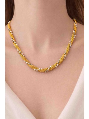 Mira Gold Ton Hasır Örgü ve Çelik Boncuk Detaylı Kolye