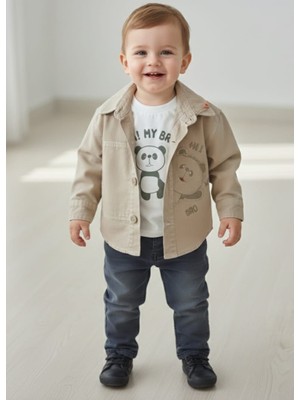Erkek Bebek 3'lü Takım - Ayıcık Nakışlı Gabardin Ceket, Panda Baskılı Tshirt ve Jean Pantolon Seti