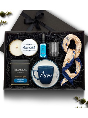 As Gift Kişiye Özel Mavi Fincan & Beyaz Metal Mum & Türk Kahvesi &kolonya& Fular & Cam Su Bardağı
