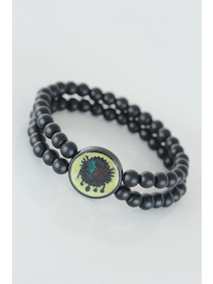 Inure Jewelry Sarı Renkli Metal Üzerine Osmanlı Arma Figürlü Siyah Renk Çift Sıra Doğal Taş Erkek Bileklik
