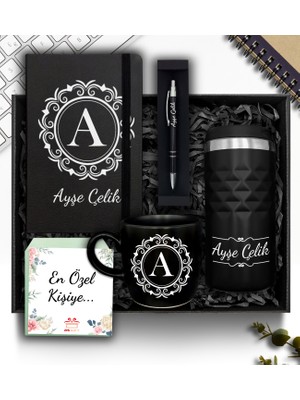 As Gift Kişiye Özel Siyah 300 ml Kristal Termos & Defter & Kupa & Kalem Hediye Seti