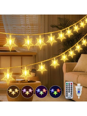 Mighty Ramazan Süsü USB Girişli Sarı ve Renkli Işık Modlu 12 Metre 100 LED Yıldız Kumandalı 8 Modlu Ev Bahçe Balkon Hoşgeldin Ramazan