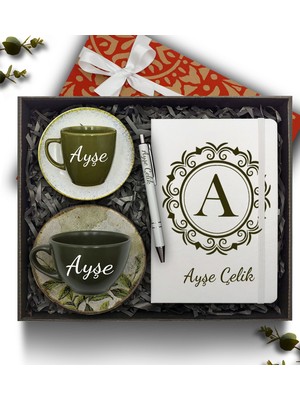 As Gift Kişiye Özel Beyaz Defter & Haki Çay Fincanı & Haki Kahve Fincanı & Kalem Hediye Seti