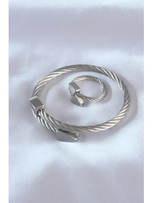 Inure Jewelry Çelik Gümüş Renk Burgu Model Erkek Bileklik Yüzük Seti