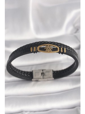 Inure Jewelry 316L Çelik Gold Renk Gemi Dümen Figür Siyah Renk Çift Sıra Burgu Desenli Deri Kordon Erkek Bileklik