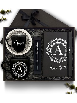 As Gift Kişiye Özel Siyah Defter & Fincan &  Kupa & Kalem Hediye Seti