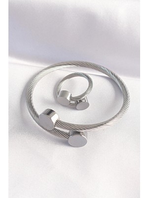 Inure Jewelry 316L Çelik Gümüş Renk Oval Aksesuarlı Burgu Model Bileklik ve Yüzük Kombini