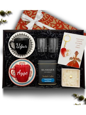 As Gift Siyah Fincan & Kırmızı Fincan & Türk Kahvesi & Kalpli Anahtarlık & Mum & Cam Su Bardağı Hediye Seti