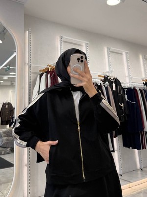 Moda Kadın Parlak Şeritli Fermuarlı 3lü Etek Alt Üst Sweat Takım - Şık ve Modern