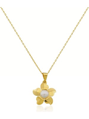 İryum Tek Renk Inci Çiçek Altın Kolye