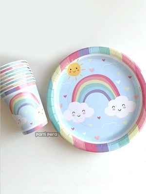 Parti Pera Gökkuşağı Temalı Karton Tabak Bardak 8'li Doğum Günü Seti