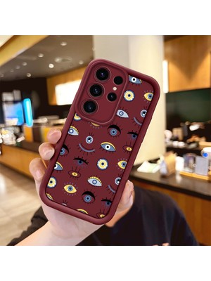 Ucuc Samsung Galaxy S23 Ultra Uyumlu Bordo Silikon Kılıf Nazar Boncuğu Desenli Darbeye Dayanıklı Lens Koruma