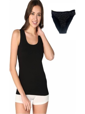 Tutku Kadın Siyah 3'lü Paket Atlet & Desenli Bikini-Kahverengi-Xl