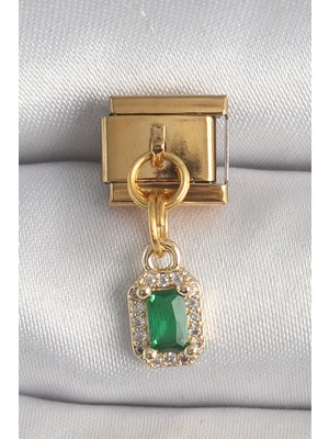 Bsre Gold Renk Sallantı Kare Yeşil Zirkon Taşlı Nomination Charm (316L Çelik)