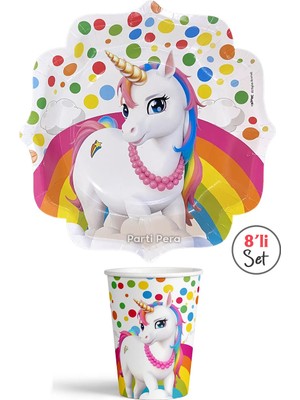 Parti Pera Unicorn Şekilli Doğum Günü Karton Tabak Bardak 8'li Set