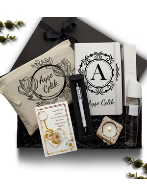 As Gift Kişiye Özel Kanvas Makyaj Çantası & Defter &kadın Parfüm & Anahtarlık & Mum & Kalem Hediye Seti