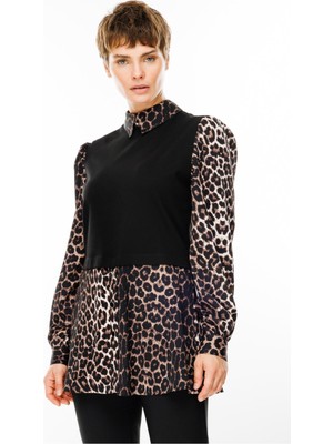 Modailgi Triko Kumaş Garnili Leopar Desen Gömlek Tunik 1542