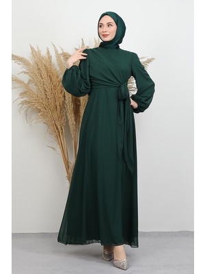 Bağlama Detay Şifon Elbise Zümrüt