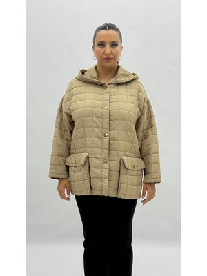 AlanyaXXL Büyük Beden Kapitone Cepli Düğmeli Uzun Kol Oversize Kadın Mont