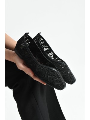 Florıa Dantel Örgü Kadın Siyah Düz Babet Dantel Dokuma Çiçek Desenli Zarif Günlük Ayakkabı