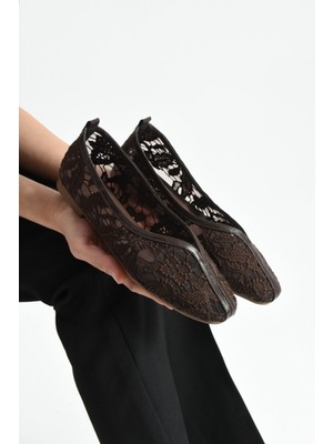 Florıa Dantel Örgü Kadın Kahverengi Düz Babet Dantel Dokuma Çiçek Desenli Zarif Günlük Ayakkabı