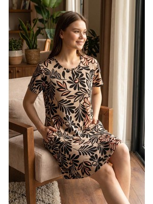 Vienetta Kadın Büyük Beden Kısa Kol Desenli Kahve Gecelik Tunik C8T6N0804