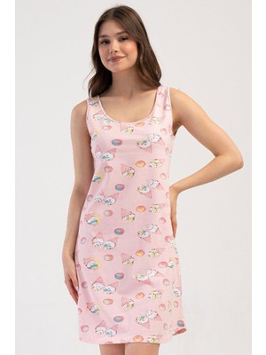 Vienetta Kadın Kalın Askılı Desenli Pembe Gecelik Tunik C5T4N3804