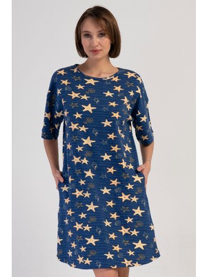 Vienetta Kadın Büyük Beden Düşük Omuz Yıldız Desenli Cepli Indigo Gecelik C5T5N3804
