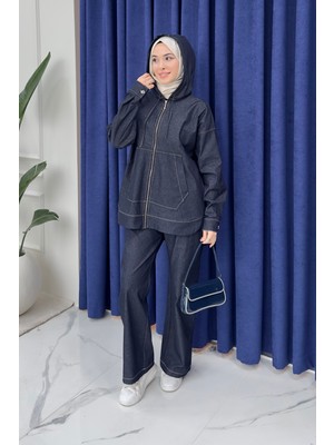 Tesettür Diyarı Simon Kapüşonlu Denim Tesettür Takım- Lacivert