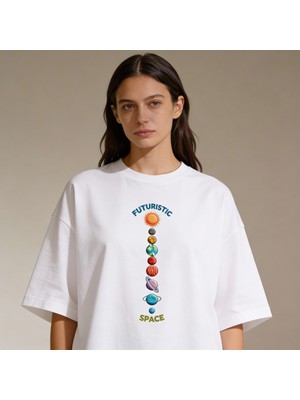 Dune Futuristic Space Oversize Pamuk 3 İplik Beyaz T-shirt