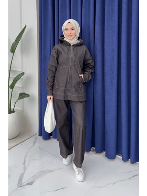Tesettür Diyarı Simon Kapüşonlu Denim Tesettür Takım- Acı Kahve