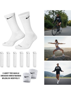 Nike 8'li Set SX7664-010 6 Çift Spor Kadın Erkek Penye Terletmez Antrenman Salon&outdoor Çoraplar ve 2 Adet Swoosh Havlu Bileklik Hediyeli
