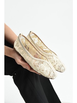 Florıa Dantel Örgü Kadın Krem Düz Babet Dantel Dokuma Çiçek Desenli Zarif Günlük Ayakkabı