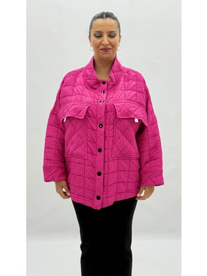 AlanyaXXL Büyük Beden Kapitone Cepli Düğmeli Uzun Kol Oversize Kadın Mont