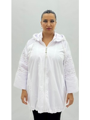 AlanyaXXL Büyük Beden Kapüşonlu Dantel Detaylı Kadın Ince Yağmurluk Rüzgarlık Mont