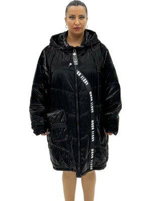 AlanyaXXL Büyük Beden Kapüşonlu Parlak Fermuarlı Kadın Şişme Mont