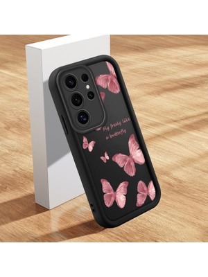 Ucuc Samsung Galaxy S25 Ultra Uyumlu Siyah Silikon Kılıf Kelebek Desenli Darbeye Dayanıklı Lens Koruma