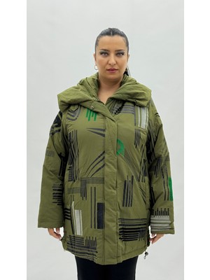 AlanyaXXL Büyük Beden Kapüşonlu Fermuarlı Düğmeli Rüzgarlık Uzun Kol Kadın Mont