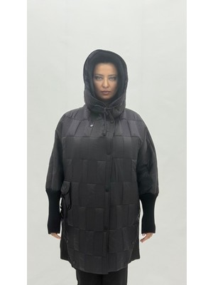 AlanyaXXL Büyük Beden Kapitone Şişme Cepli Düğmeli Uzun Kol Oversize Kadın Mont