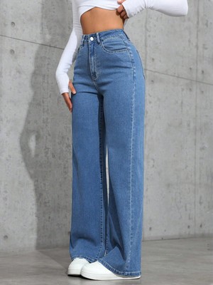 Maıson De Mode Orta Mavi Palazzo Pantolon Wide Leg Yüksek Bel Denim Jeans