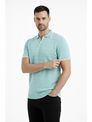 Erkek Triko Kumaş Yakalı Düğmesiz Açık Yaka Fitilli Kısa Kollu Regular Fit Tişört T-Shirt - Mint Yeşili