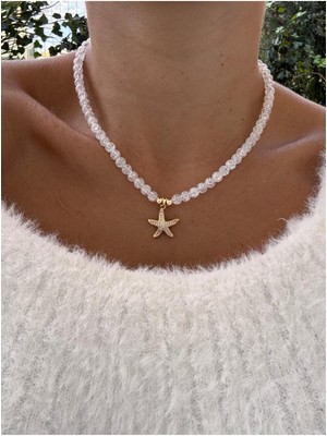 Hercy Doğal Cam Boncuklu Zirkon Taşlı Deniz Yıldızı Kolye | Tasarım Kolye | Renk Atmaz Gold Kolye