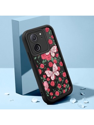 Ucuc Xiaomi 13T PRO/13T Uyumlu Siyah Silikon Kılıf Çiçek ve Kelebek Desenli Darbeye Dayanıklı Lens Koruma