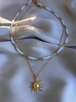 Miliva Altın Kaplama Güneş Kolye ve Beyaz Boncuklu Gold Kolye | Yazlık Kolye | Ikili Kolye | Kombin Kolye