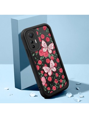 Ucuc Xiaomi 12 Lite Uyumlu Siyah Silikon Kılıf Çiçek ve Kelebek Desenli Darbeye Dayanıklı Lens Koruma
