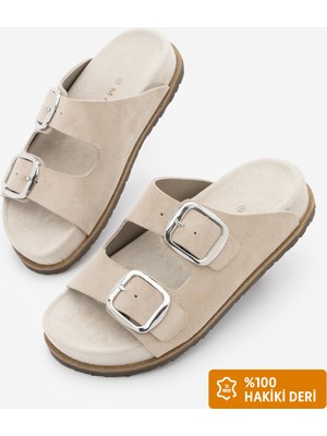 Marjin Kadın Hakiki Deri Çift Bantlı Gümüş Tokalı Eva Taban Günlük Terlik Melka Bej Süet